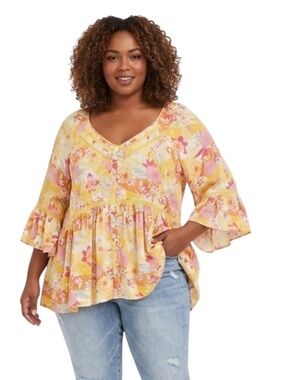 torrid Yellow & Pink Floral Peasant Babydoll Blouse